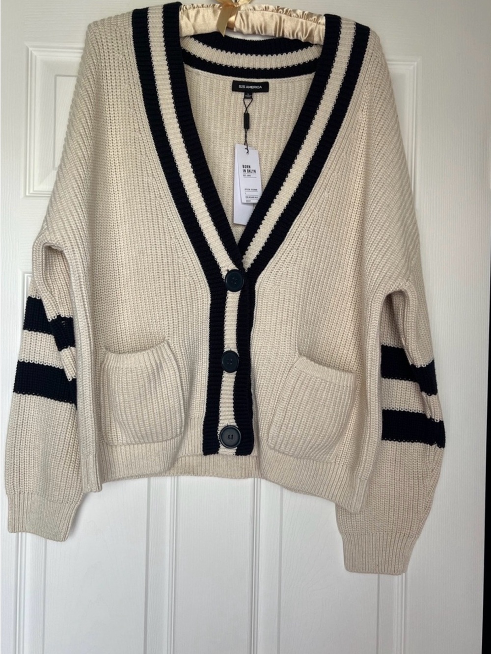 525 America Cream Cardigan with Navy Stripe Trim